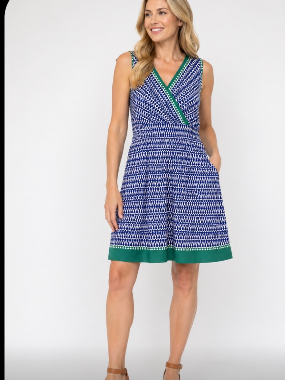 Lands' End Women’s L 14-16 Aqua Blue Geometric Surplice Fit Flare Dress Stretch